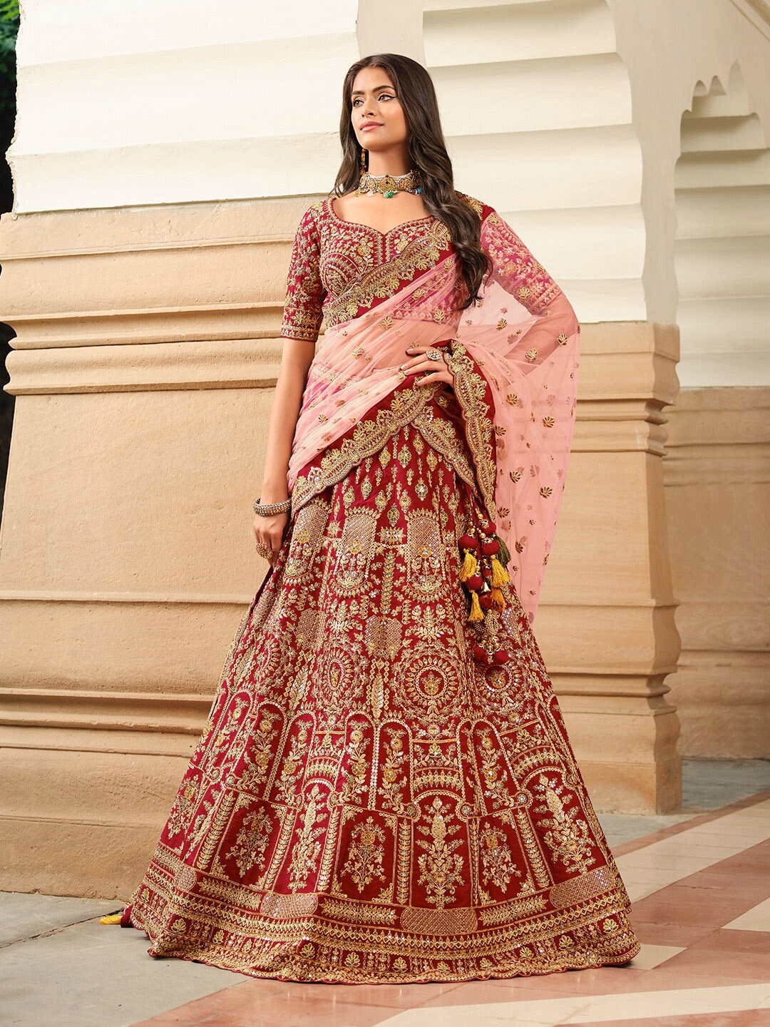 

Inddus Maroon Embroidered Semi-Stitched Lehenga & Unstitched Blouse With Dupatta