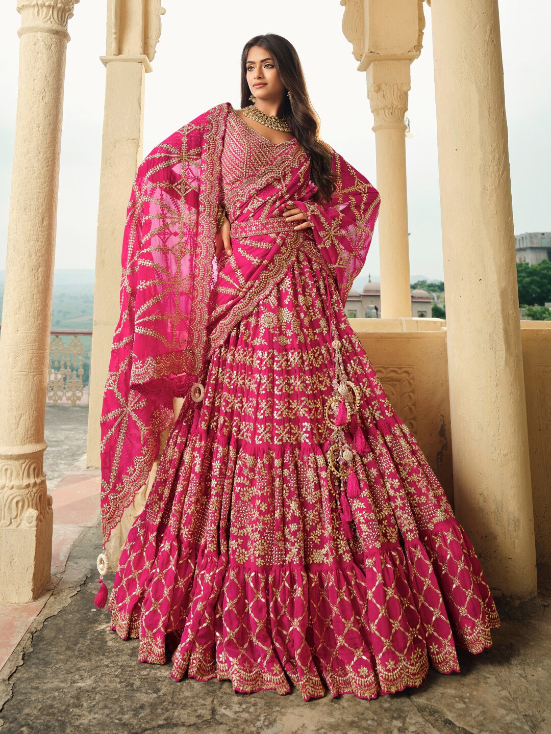 

Inddus Pink Embroidered Semi-Stitched Lehenga & Unstitched Blouse With Dupatta