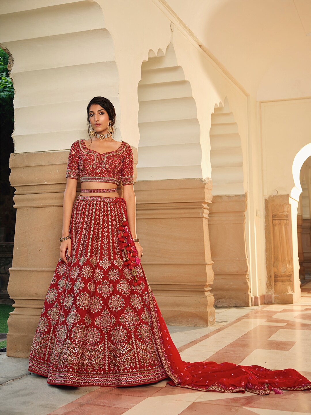 

Inddus Maroon Embroidered Semi-Stitched Lehenga & Unstitched Blouse With Dupatta