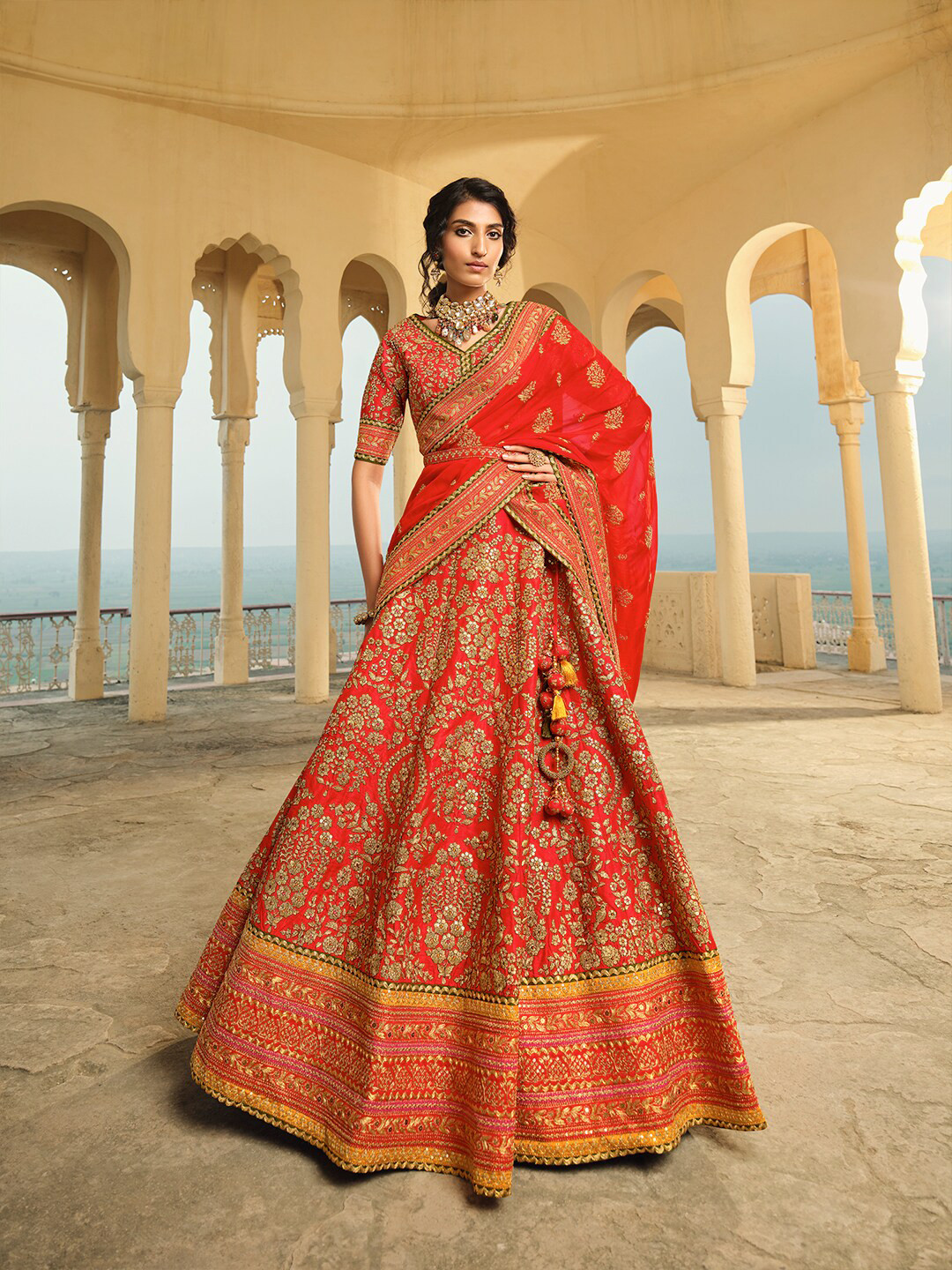 

Inddus Red Embroidered Thread Work Semi-Stitched Lehenga & Unstitched Blouse With Dupatta