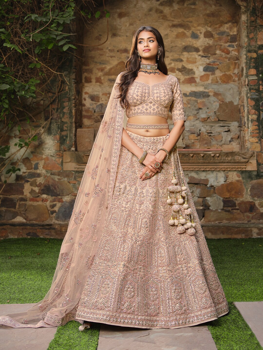 

Inddus Pink Embroidered Semi-Stitched Lehenga & Unstitched Blouse With Dupatta