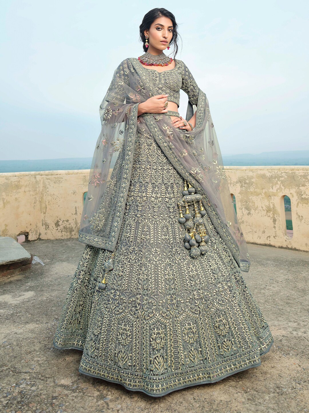 

Inddus Grey Embroidered Semi-Stitched Lehenga & Unstitched Blouse With Dupatta