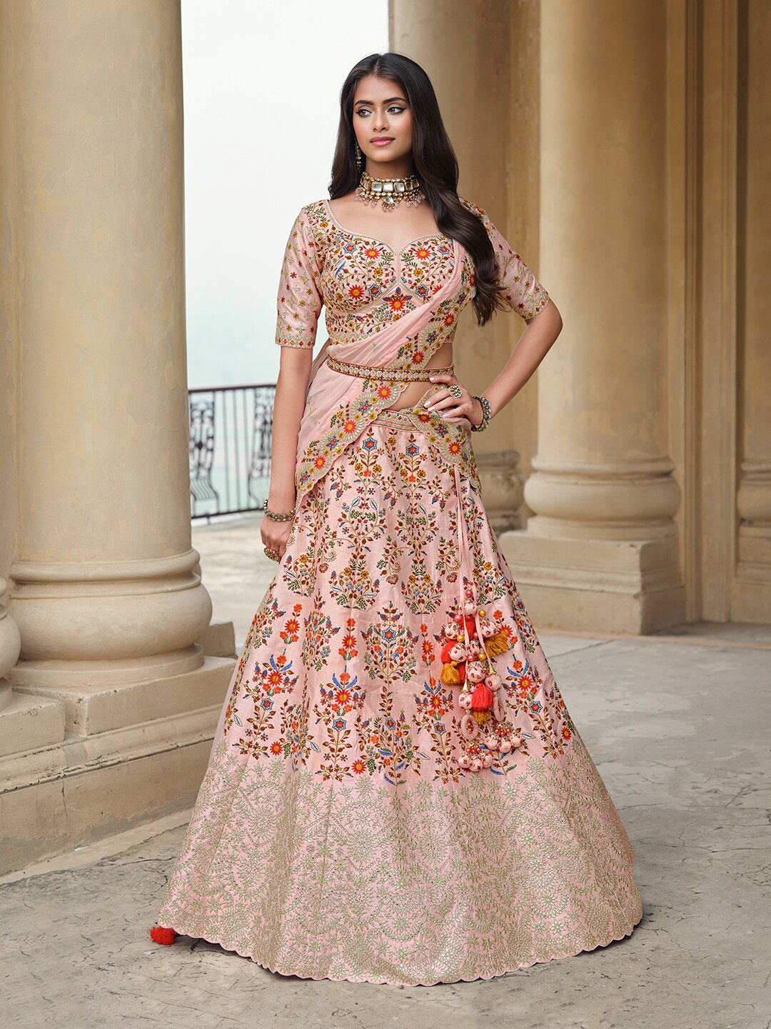 

Inddus Pink & Red Embroidered Thread Work Semi-Stitched Lehenga & Unstitched Blouse With Dupatta