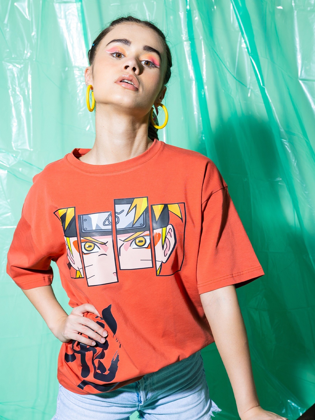 

Stylecast X Hersheinbox Orange Naruto Graphic Printed Boxy Fit Pure Cotton T-shirt