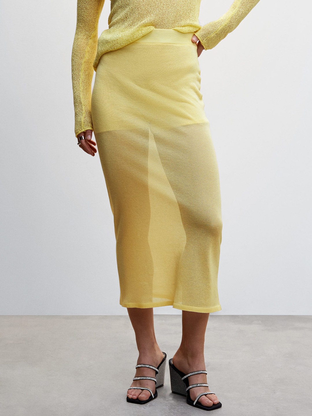

MANGO Semi-Sheer Knitted Midi Skirt with Attached Shorts, Yellow