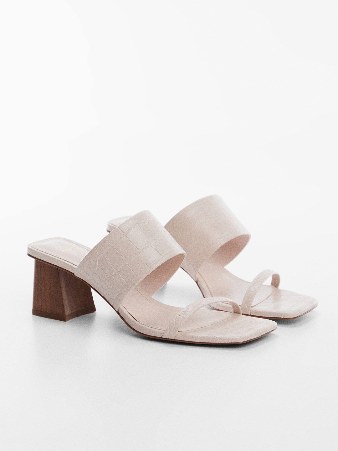 

MANGO Women Croc Textured Block Heels, Off white