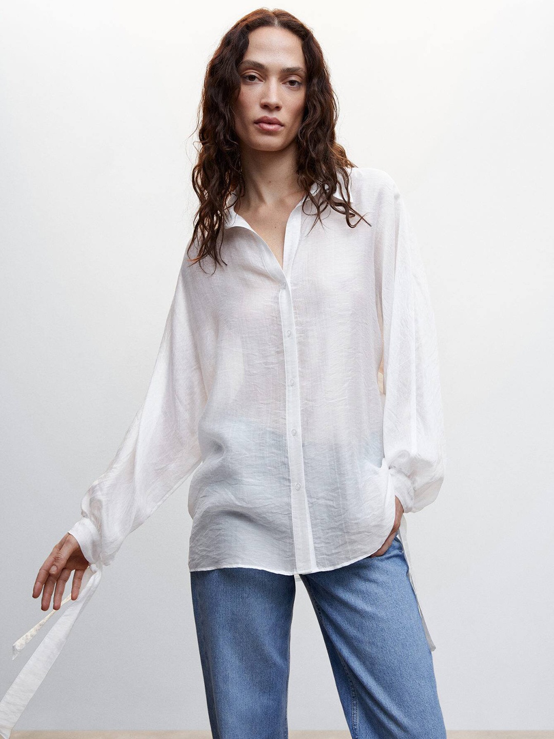 

MANGO Oversize Bow Sleeves Semi-Sheer Casual Shirt, White