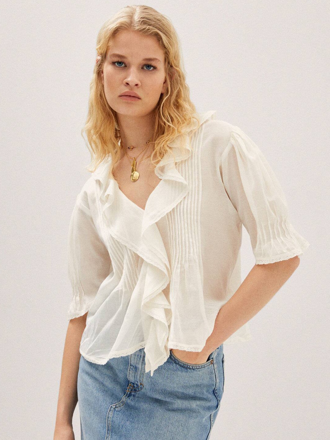 

MANGO Ruffles Lace Insert Puff Sleeve Top, Off white