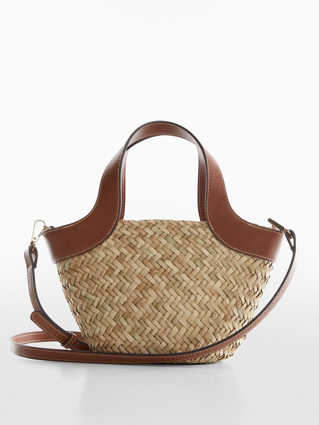 

MANGO Women Basket Weave Structured Handheld Bag, Beige