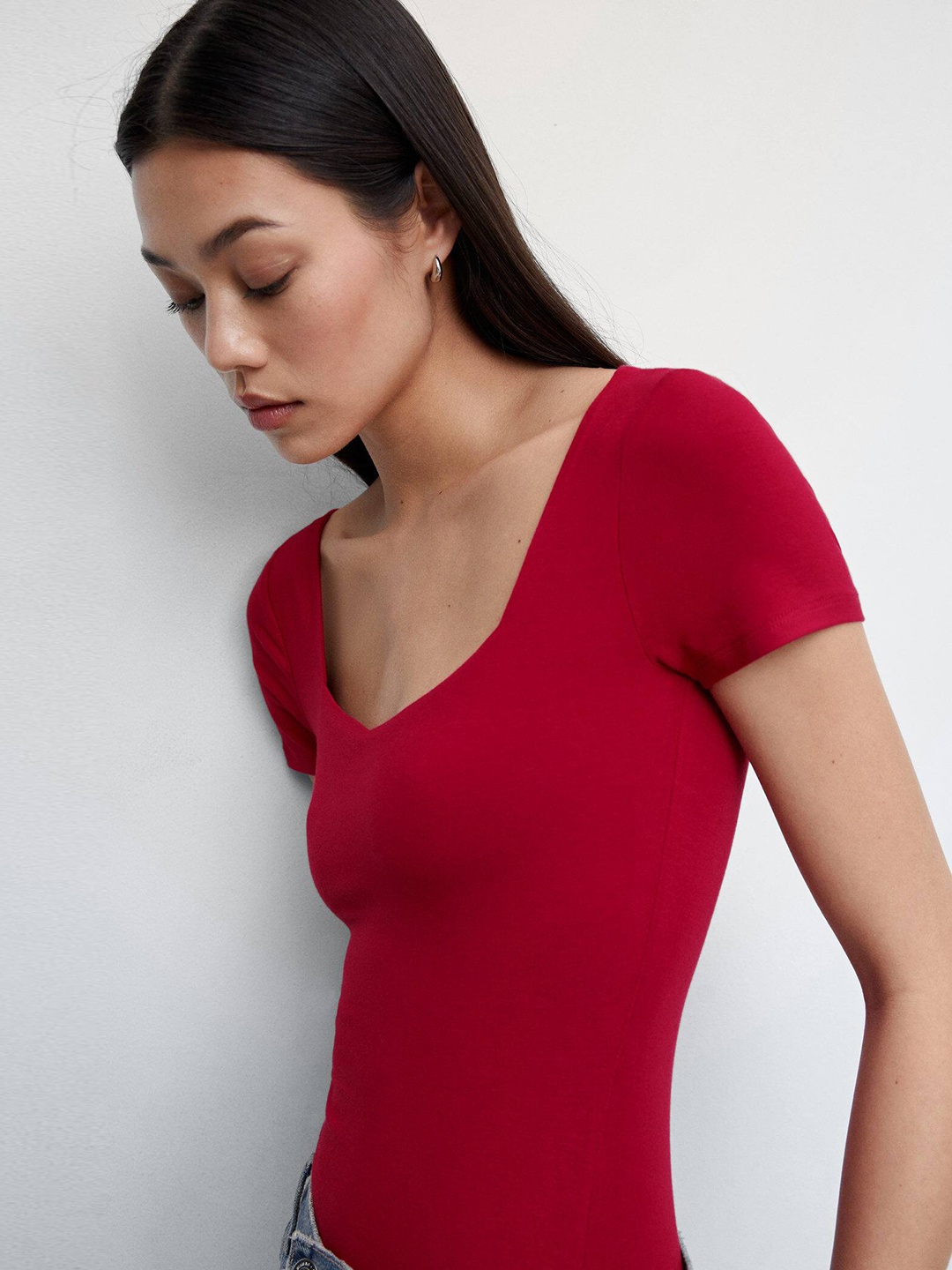

MANGO Sweetheart Neck Short Sleeves Bodysuit, Red