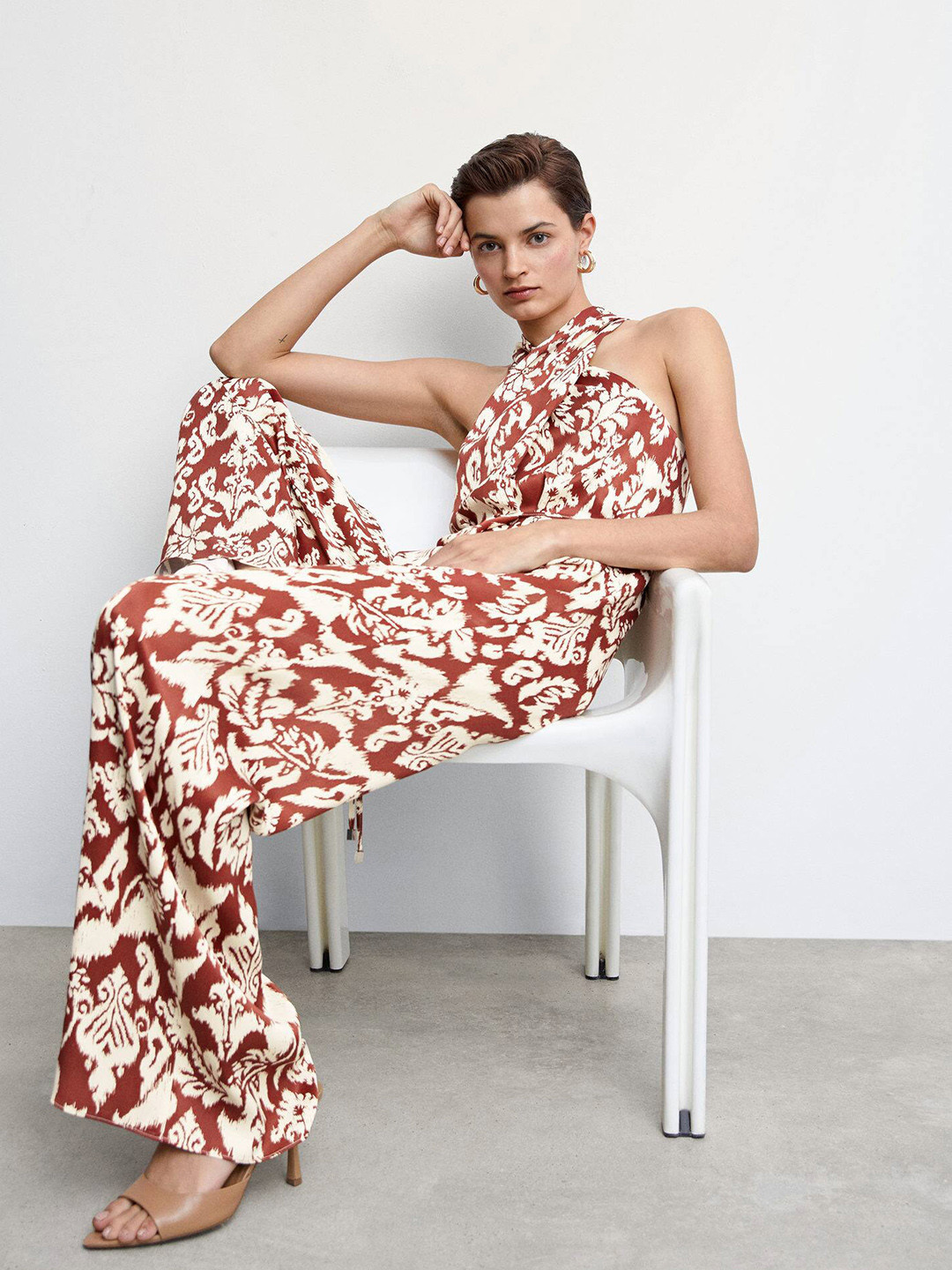 

MANGO Floral Print Halter Neck Jumpsuit, Maroon