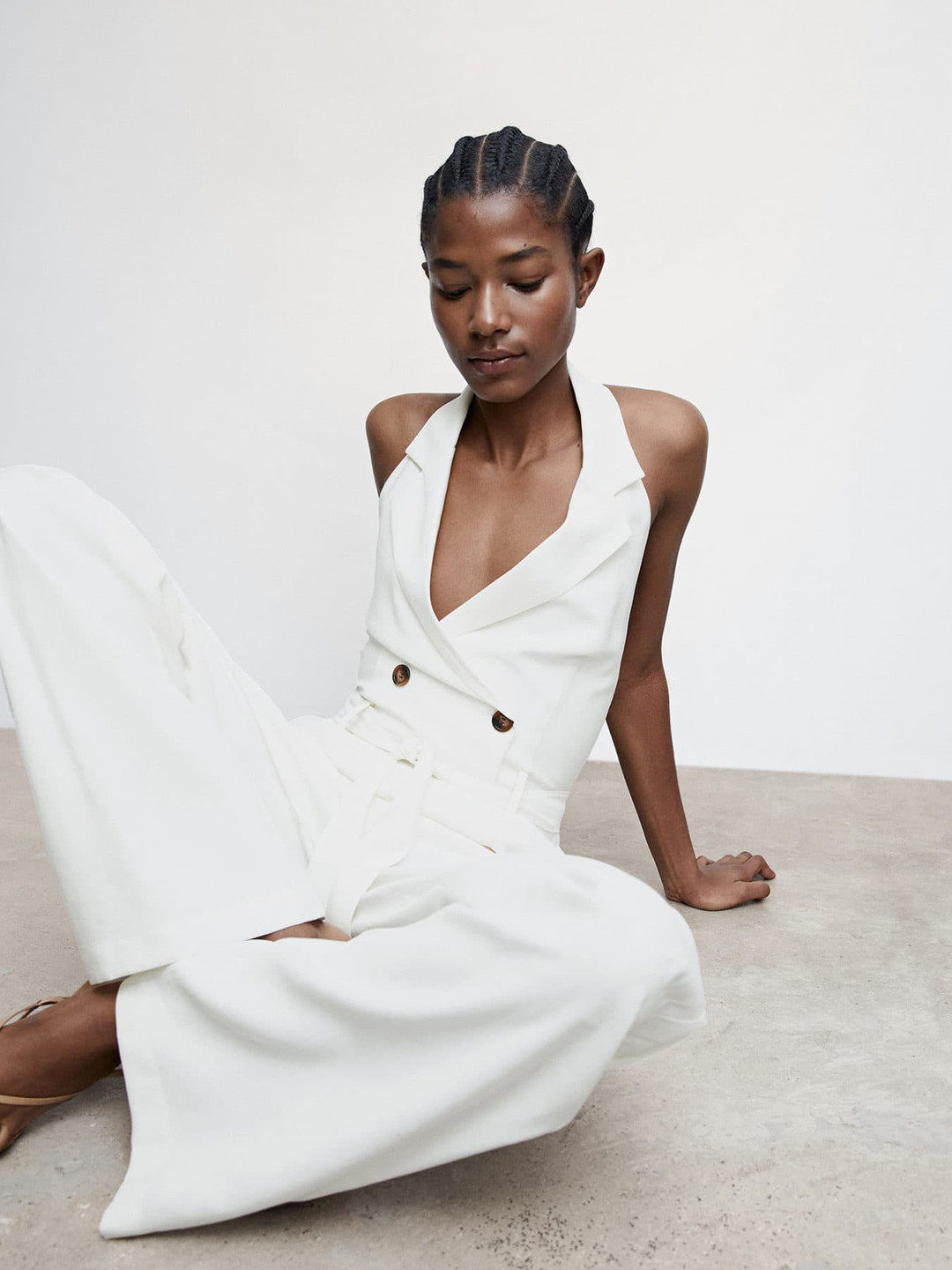 

MANGO Lapel Collar Basic Jumpsuit with Belt, White