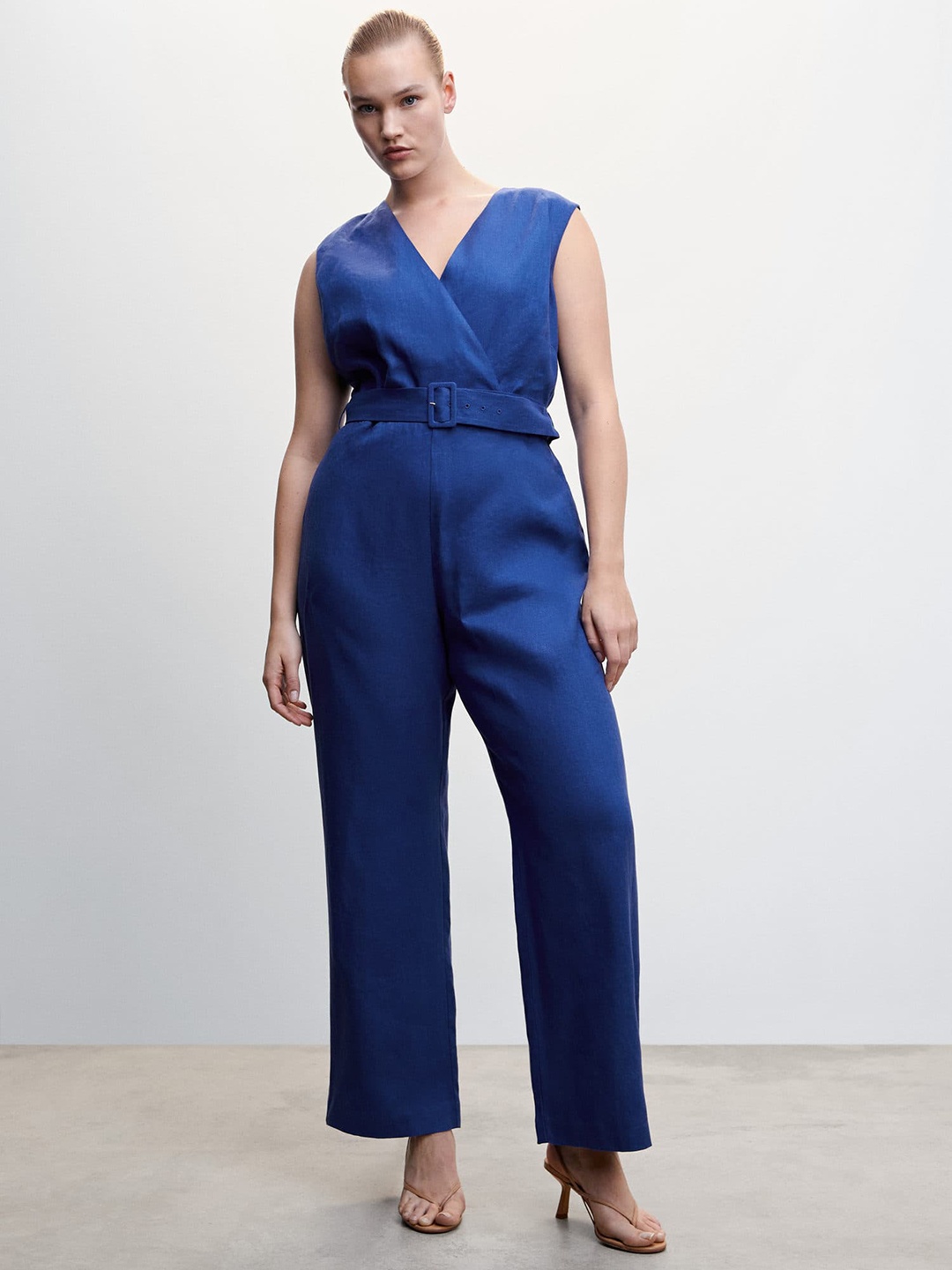 

MANGO Pure Linen Wrap Jumpsuit with Belt, Blue