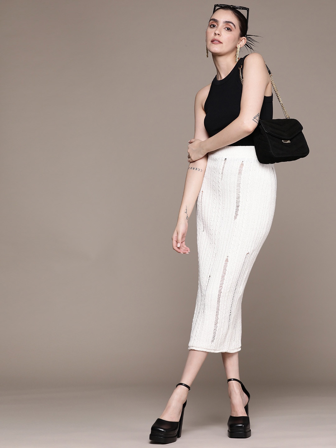 

MANGO Women Self Design Midi Pencil Skirt, Off white
