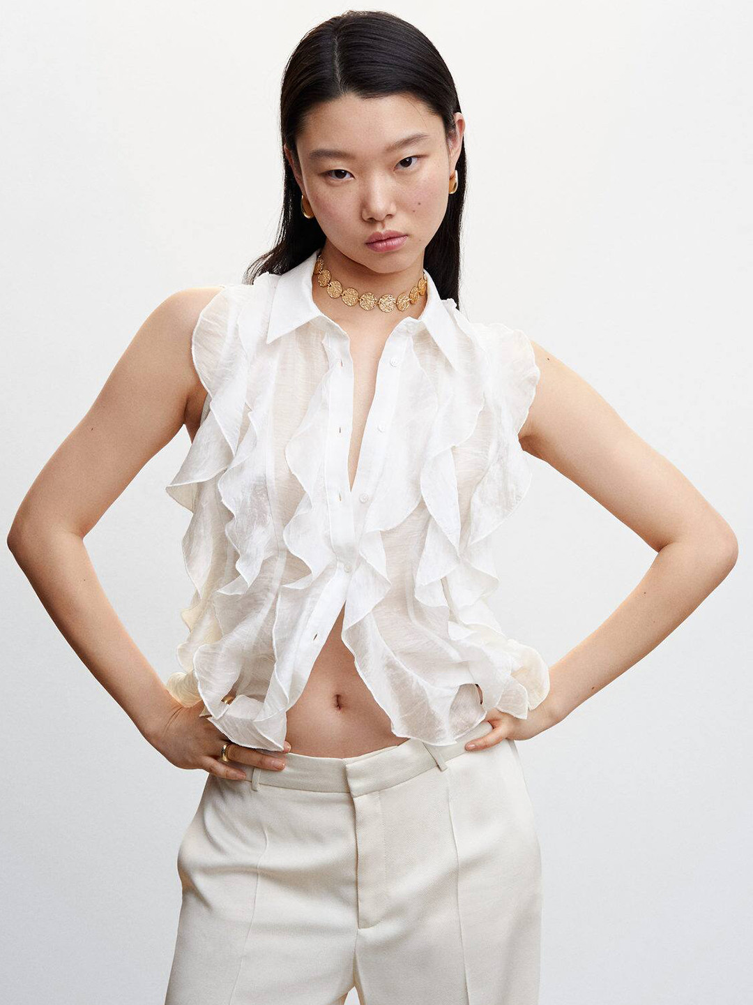 

MANGO Women Ruffled Semi Sheer Casual Shirt, White