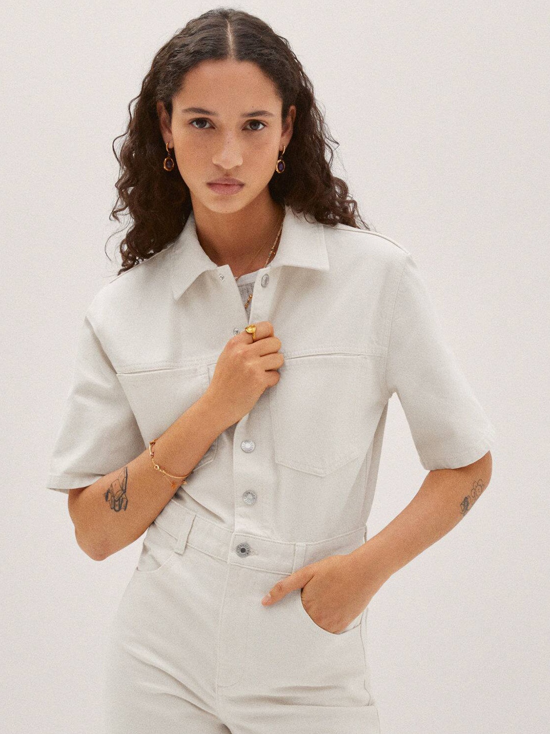 

MANGO Pure Cotton Solid Denim Jumpsuit, Off white