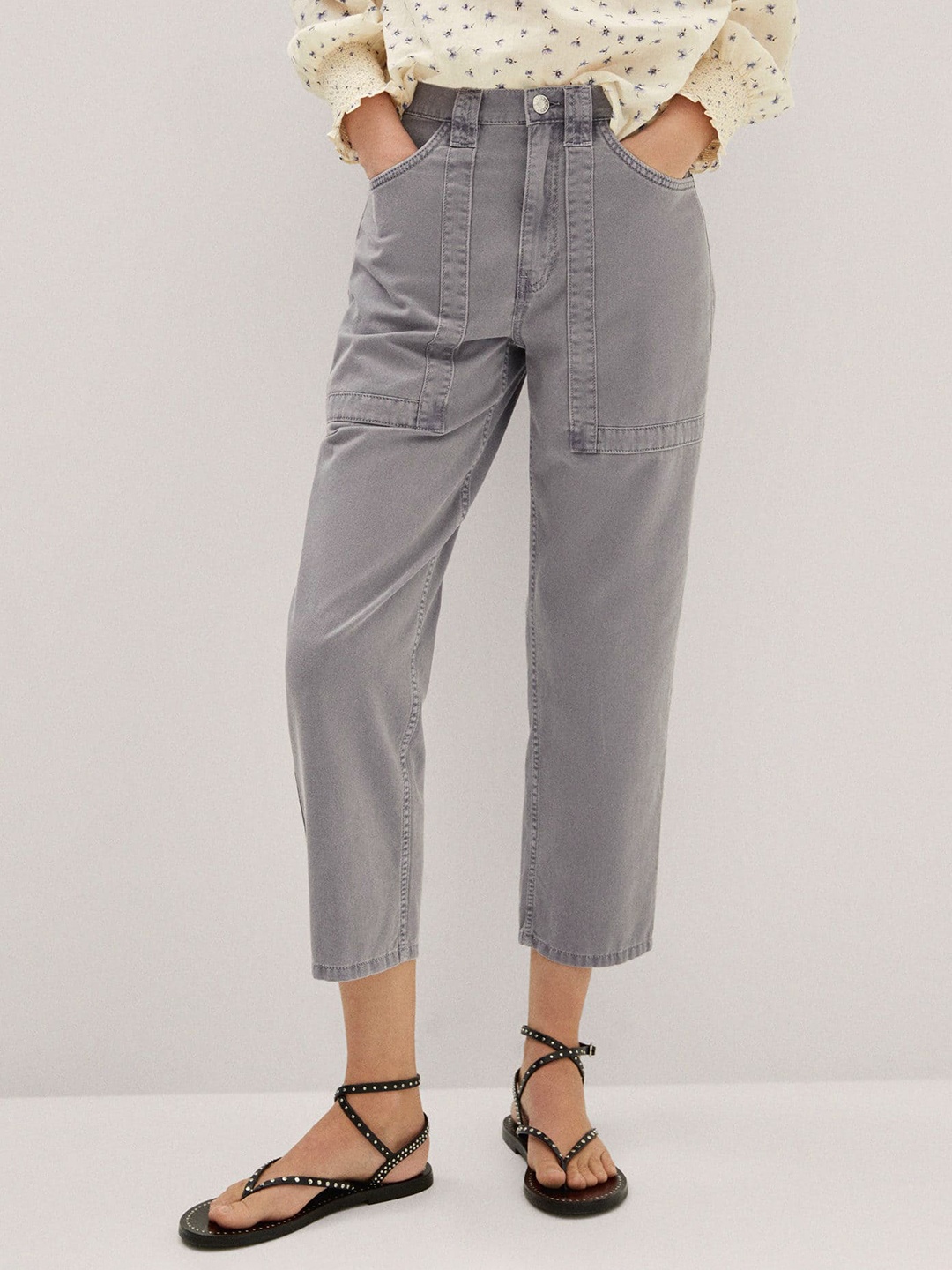 

MANGO Women Pure Cotton Slouchy Fit High-Rise Light Fade Jeans, Grey