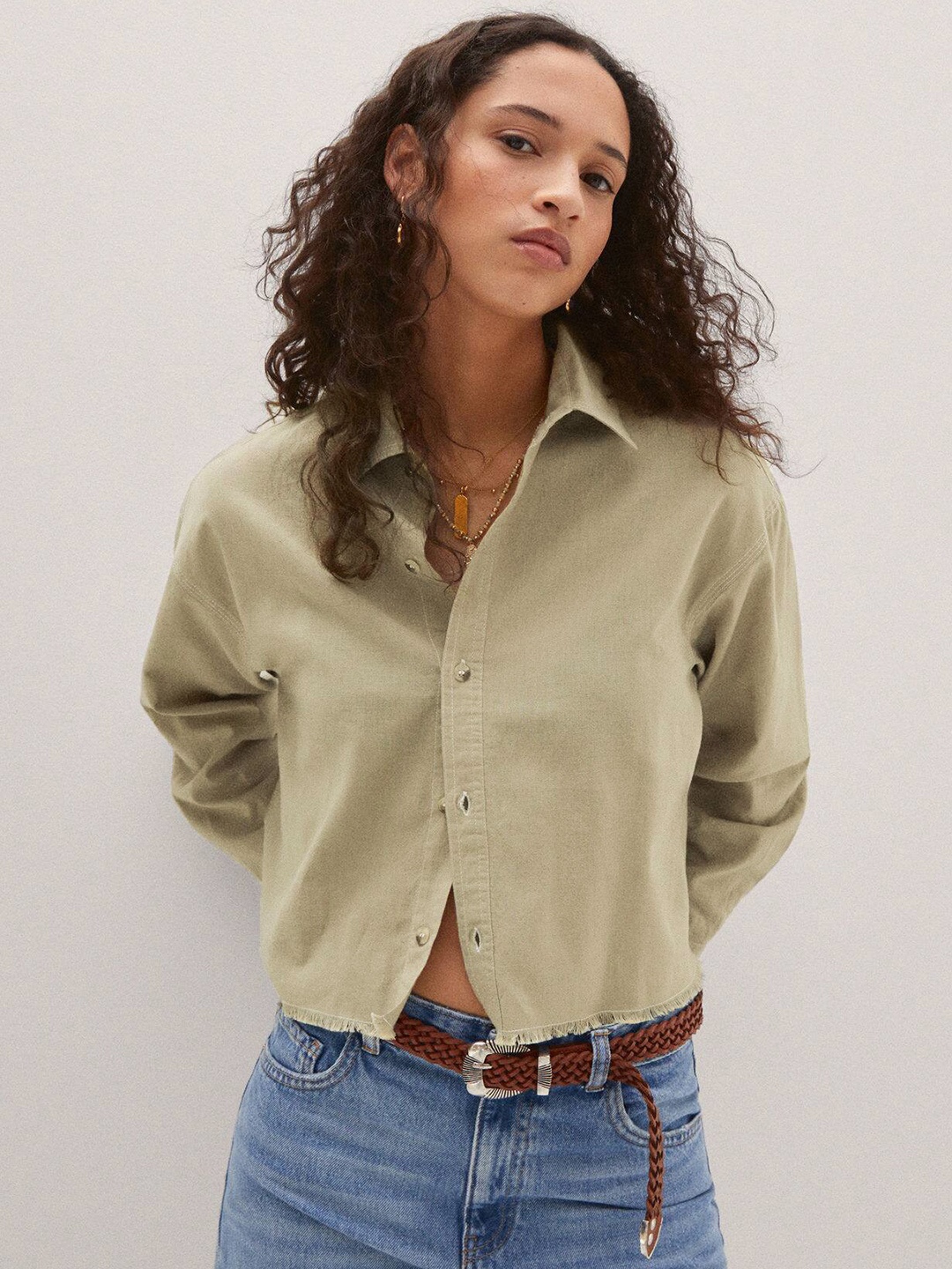 

MANGO Women Cotton Linen Cropped Casual Shirt, Olive