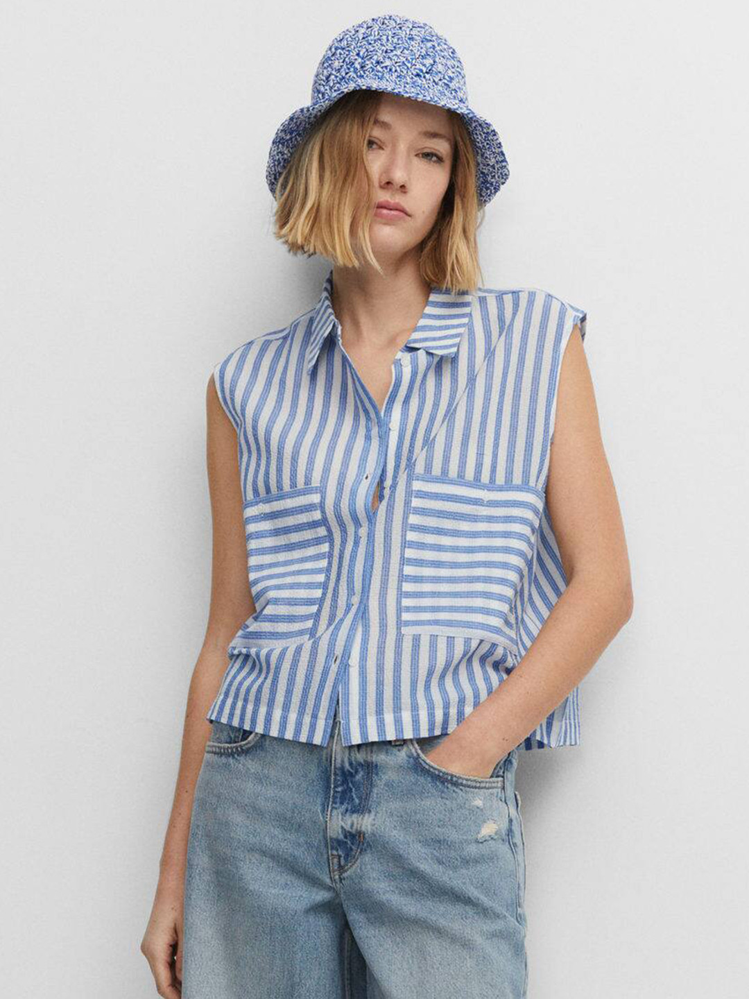 

MANGO Women Blue Opaque Striped Casual Shirt