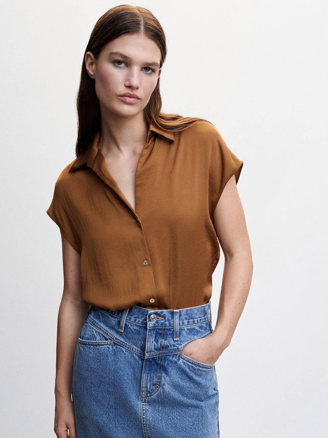 

MANGO Women Satin Casual Shirt, Brown