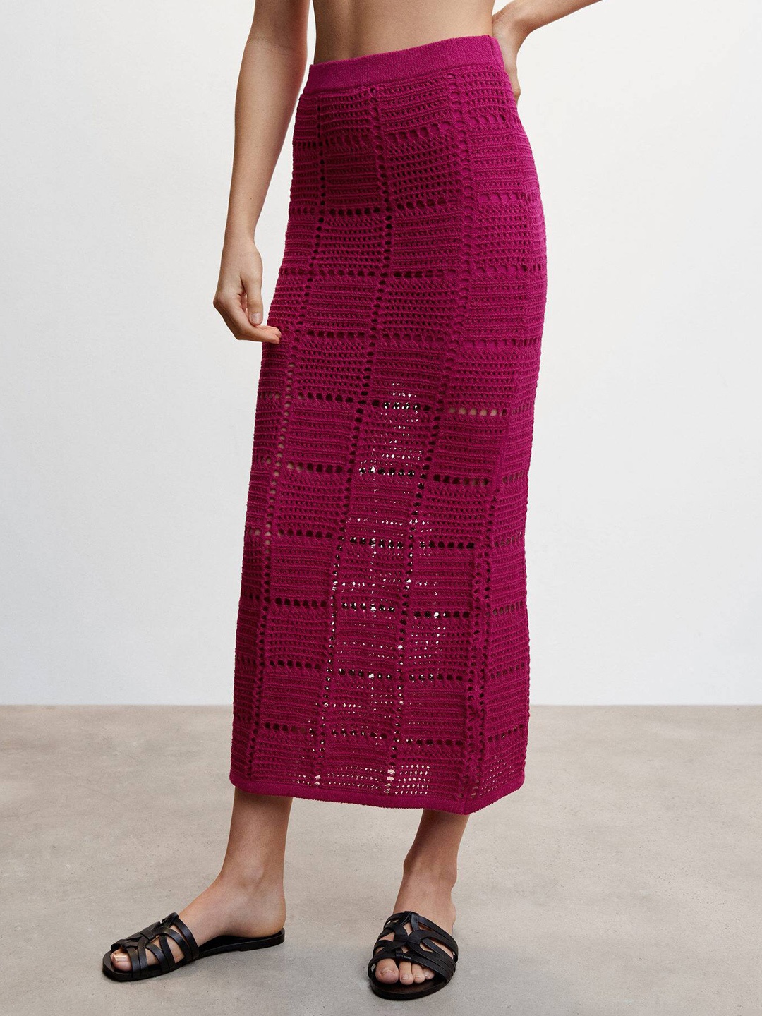 

MANGO Crochet Knitted Midi Straight Skirt, Magenta