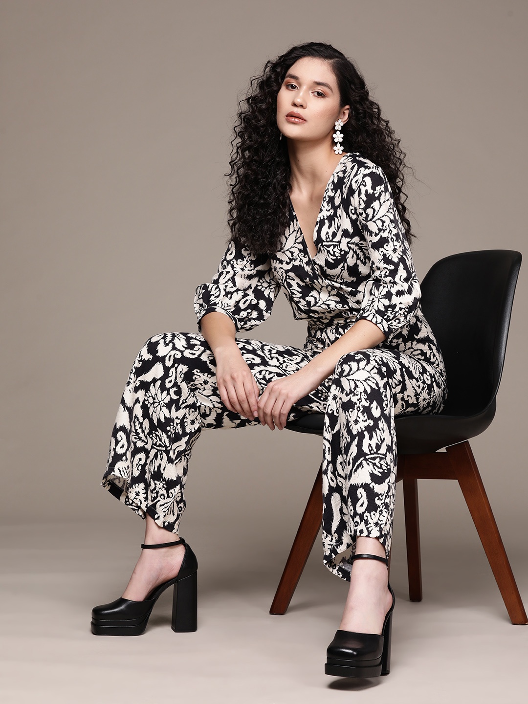 

MANGO Printed Wrap Jumpsuit, Off white