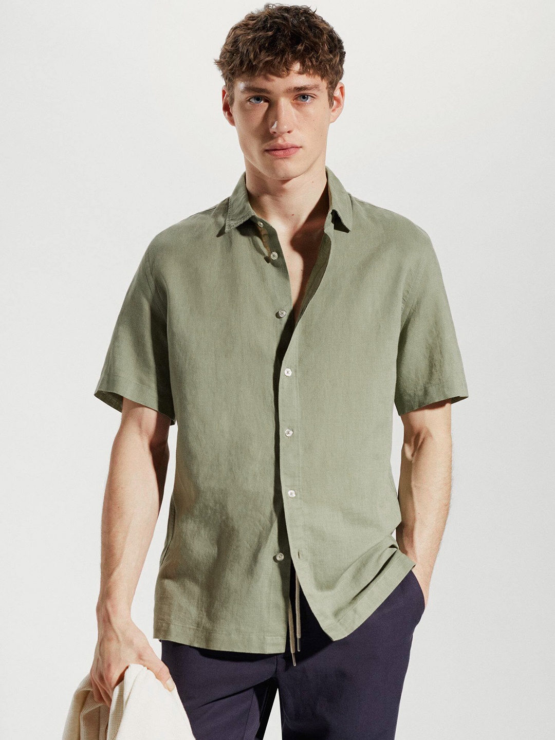 

MANGO MAN Linen Casual Shirt, Olive