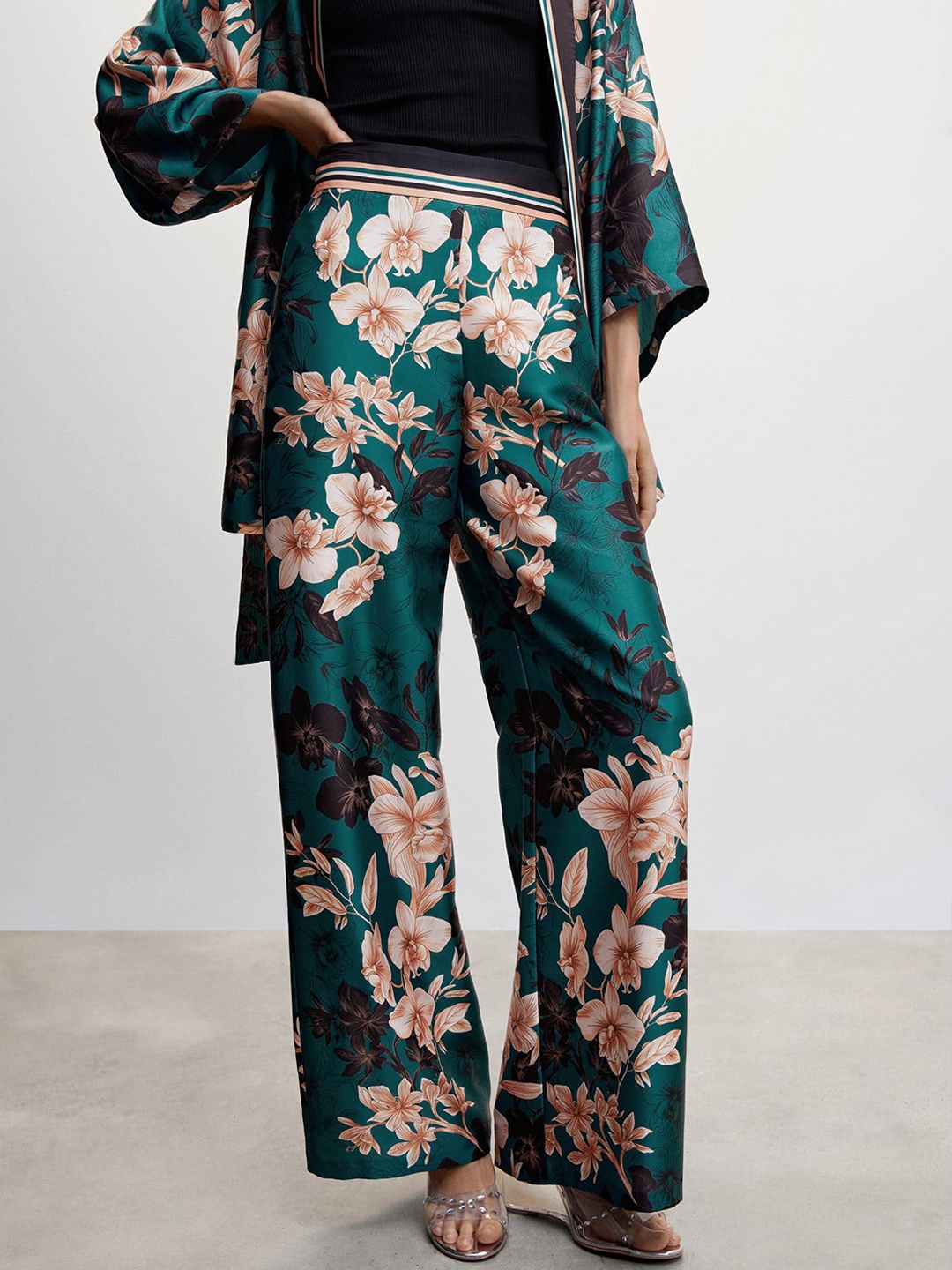 

MANGO Women Floral Print Satin Finish Trousers, Teal