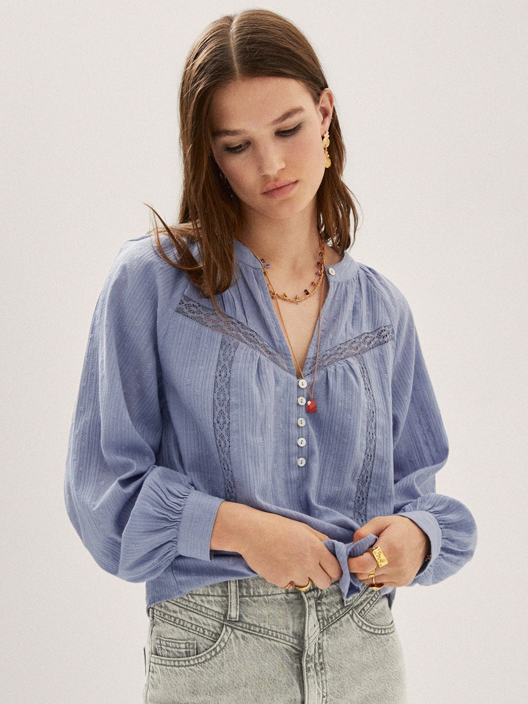 

MANGO Pure Cotton Lace Inserted Puff Sleeves Top, Blue