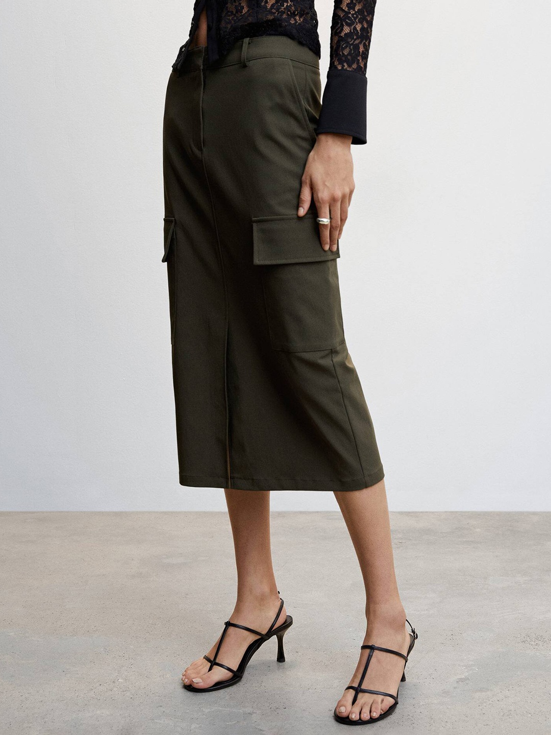 

MANGO Front Slit Straight Midi Skirt, Olive