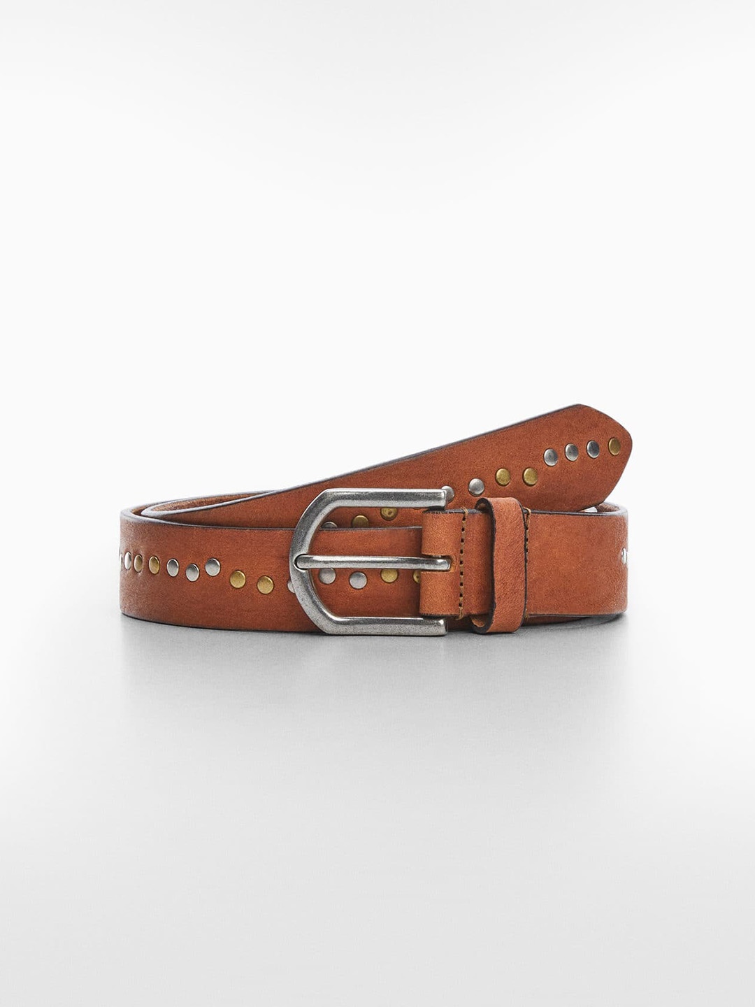 

MANGO Women Metal Detail Leather Belt, Brown