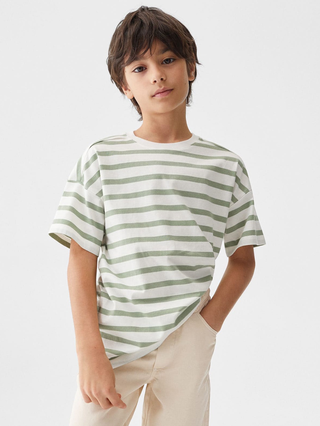

Mango Kids Boys Pure Cotton Striped T-shirt, White