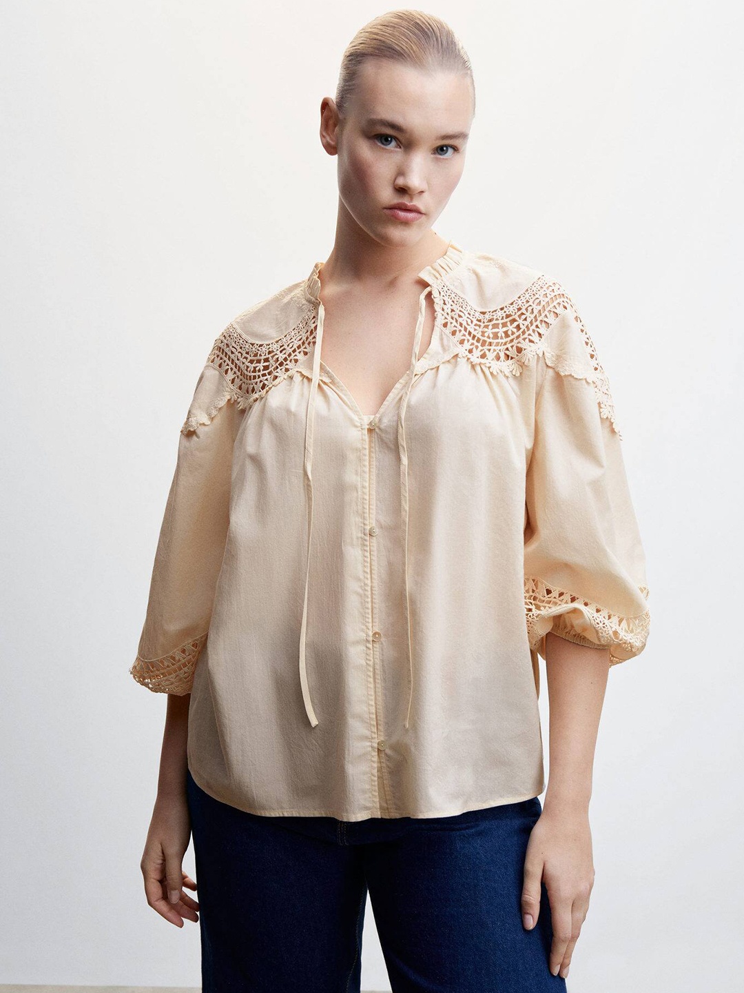 

MANGO Lace-Inserted Tie-Up Neck Puff Sleeves Pure Cotton Top, Cream