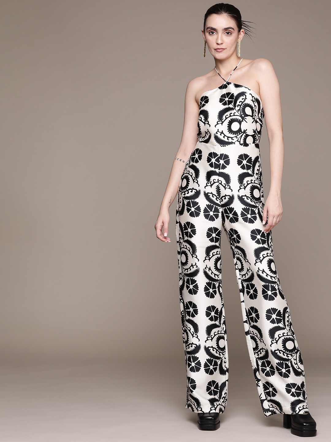 

MANGO Tie-Up Back Printed Flared Jumpsuit, Off white