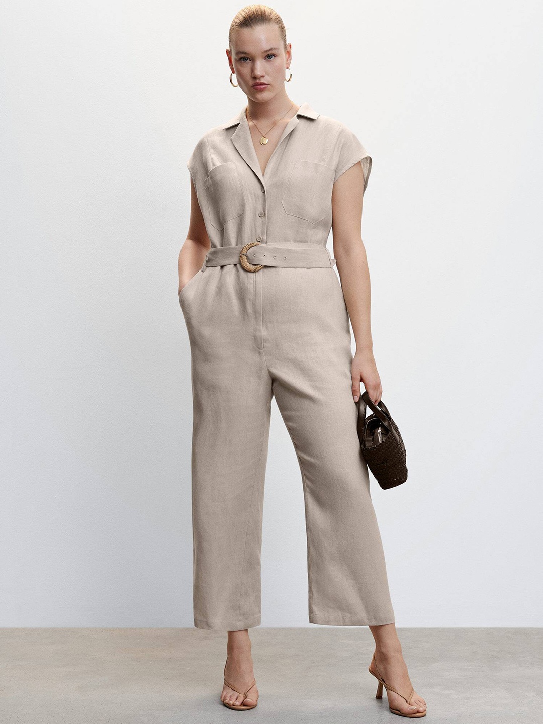 

MANGO Belted Detailed Linen Basic Jumpsuit, Grey