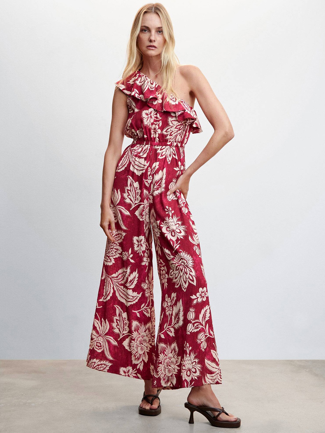 

MANGO Floral Printed Ruffles Detail Basic Jumpsuit, Magenta