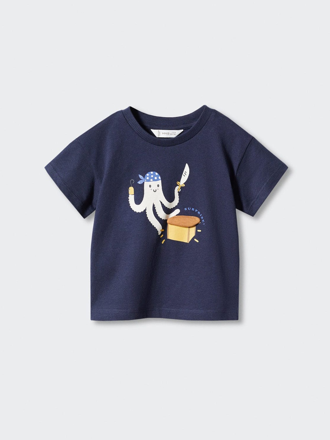

Mango Kids Boys Pure Cotton Graphic Printed Applique Detail T-shirt, Navy blue