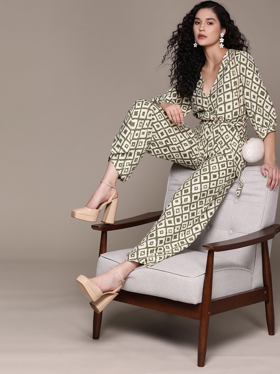 

MANGO Printed Wrap Jumpsuit, Green