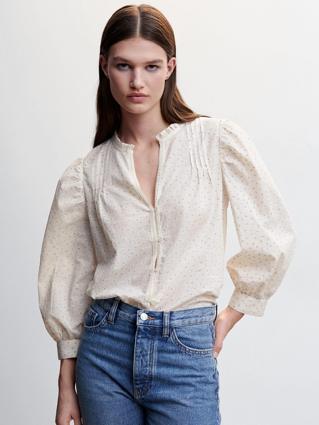 

MANGO Pure Cotton Micro Print Puff Sleeves Shirt Style Top, Off white