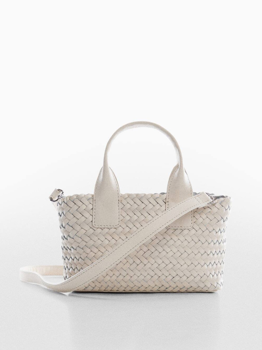 

MANGO Women Basket Weave Sustainable Leather Structured Sling Bag, Off white