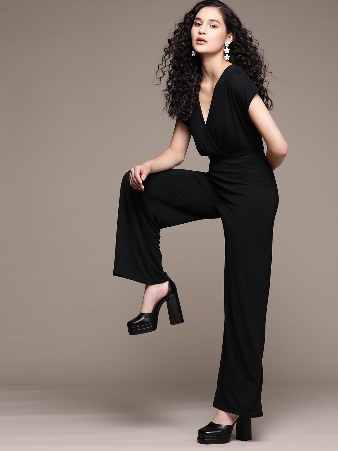 

MANGO Solid Wrap Basic Jumpsuit, Black