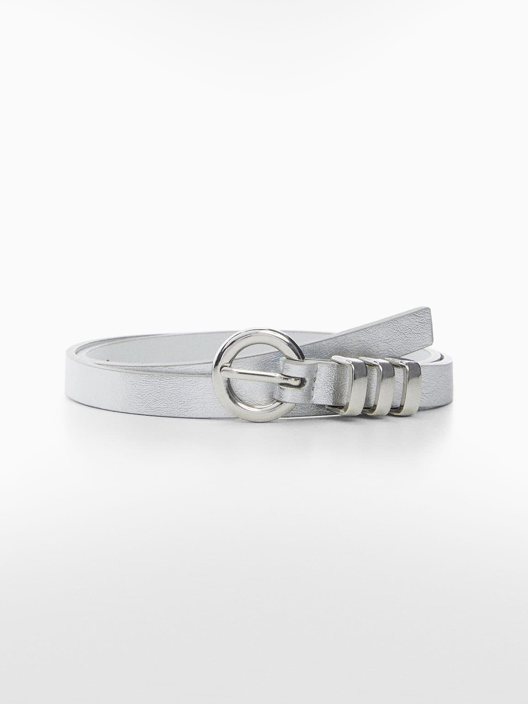 

MANGO Women Metallic Buckle Slim Belt, Silver