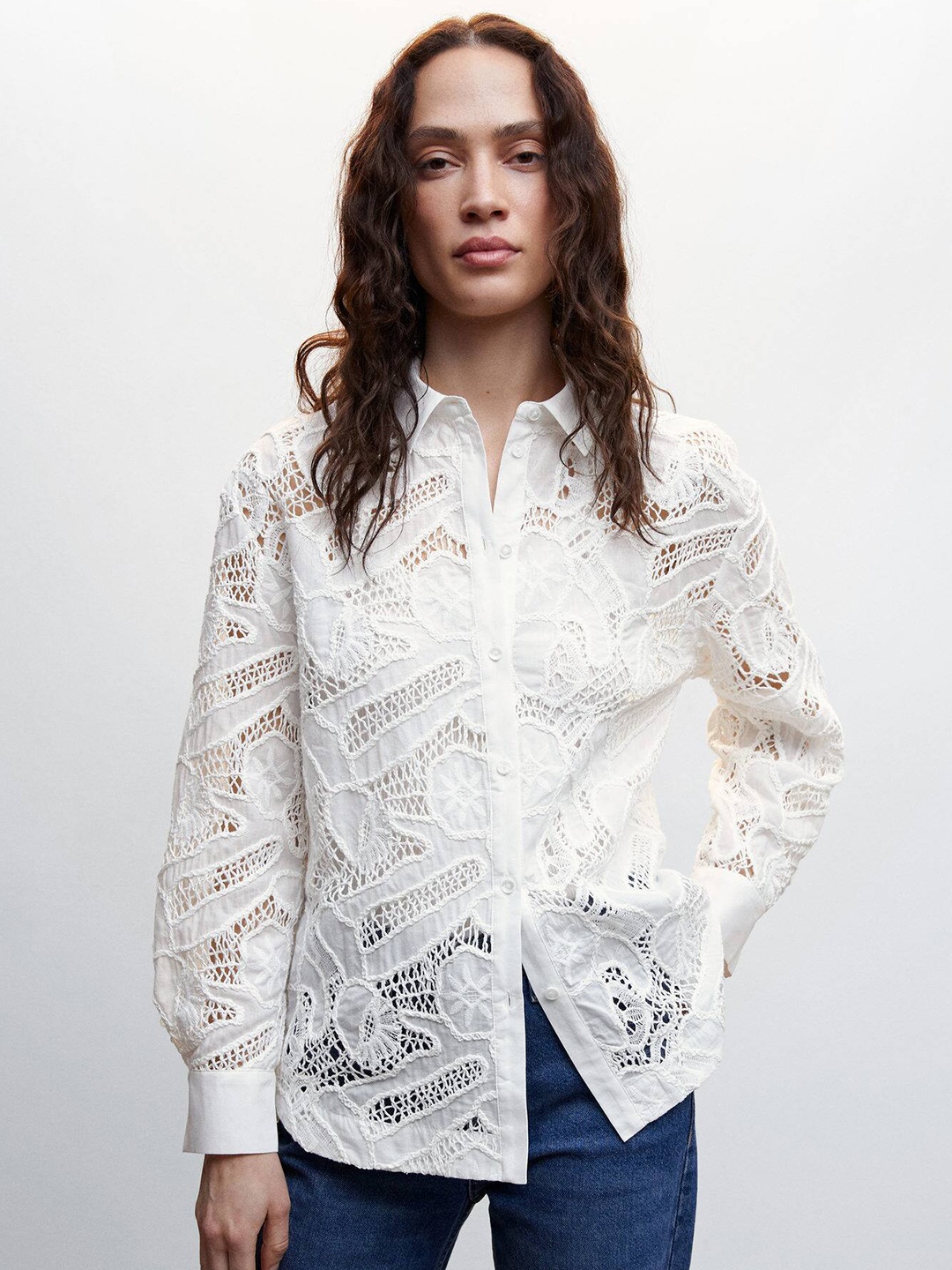 

MANGO Women Guipure Lace Semi Sheer Casual Shirt, White
