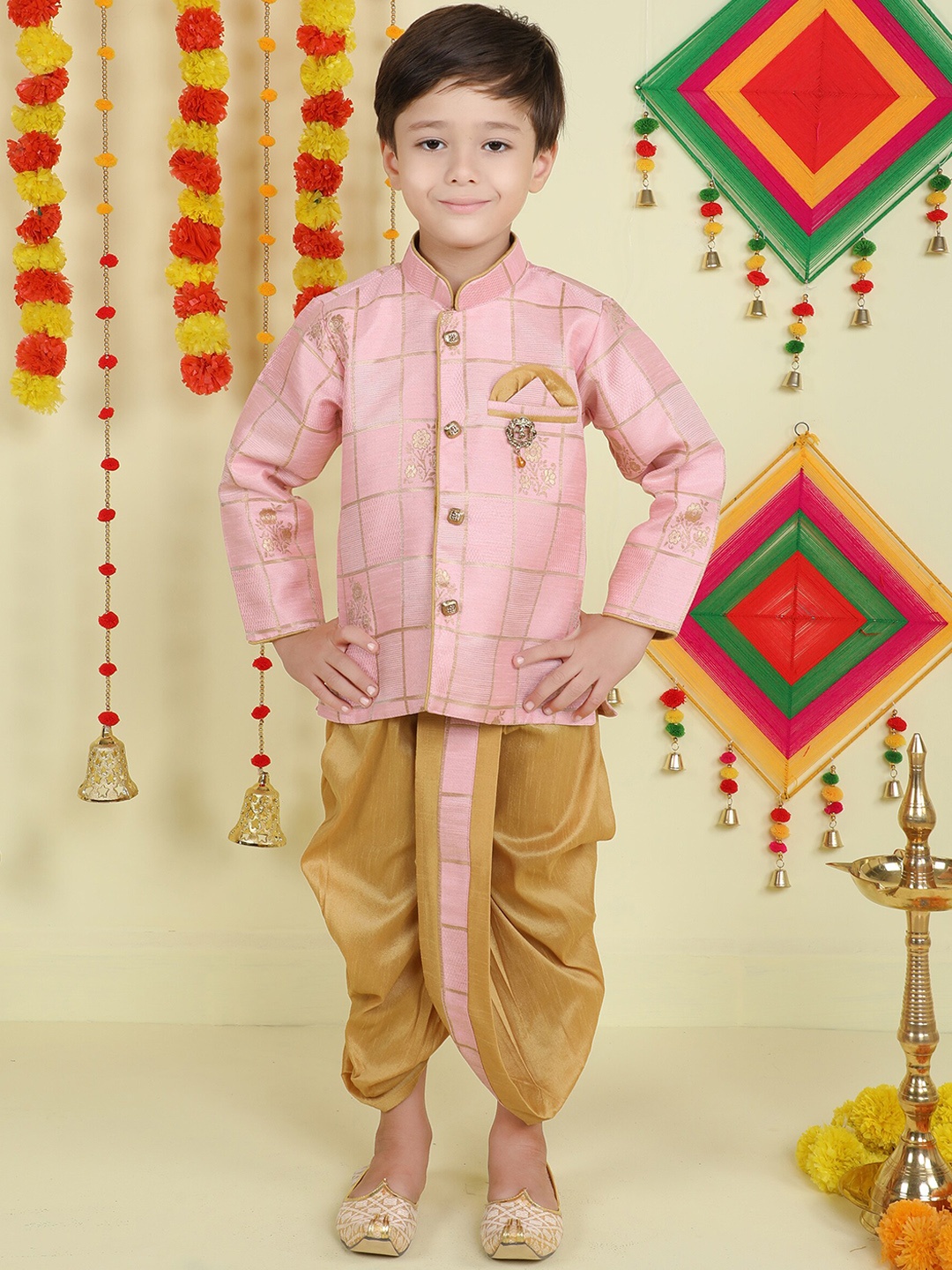 

Jeetethnics Boys Mandarin Collar Woven Design Zari Kurta with Dhoti Pants, Pink