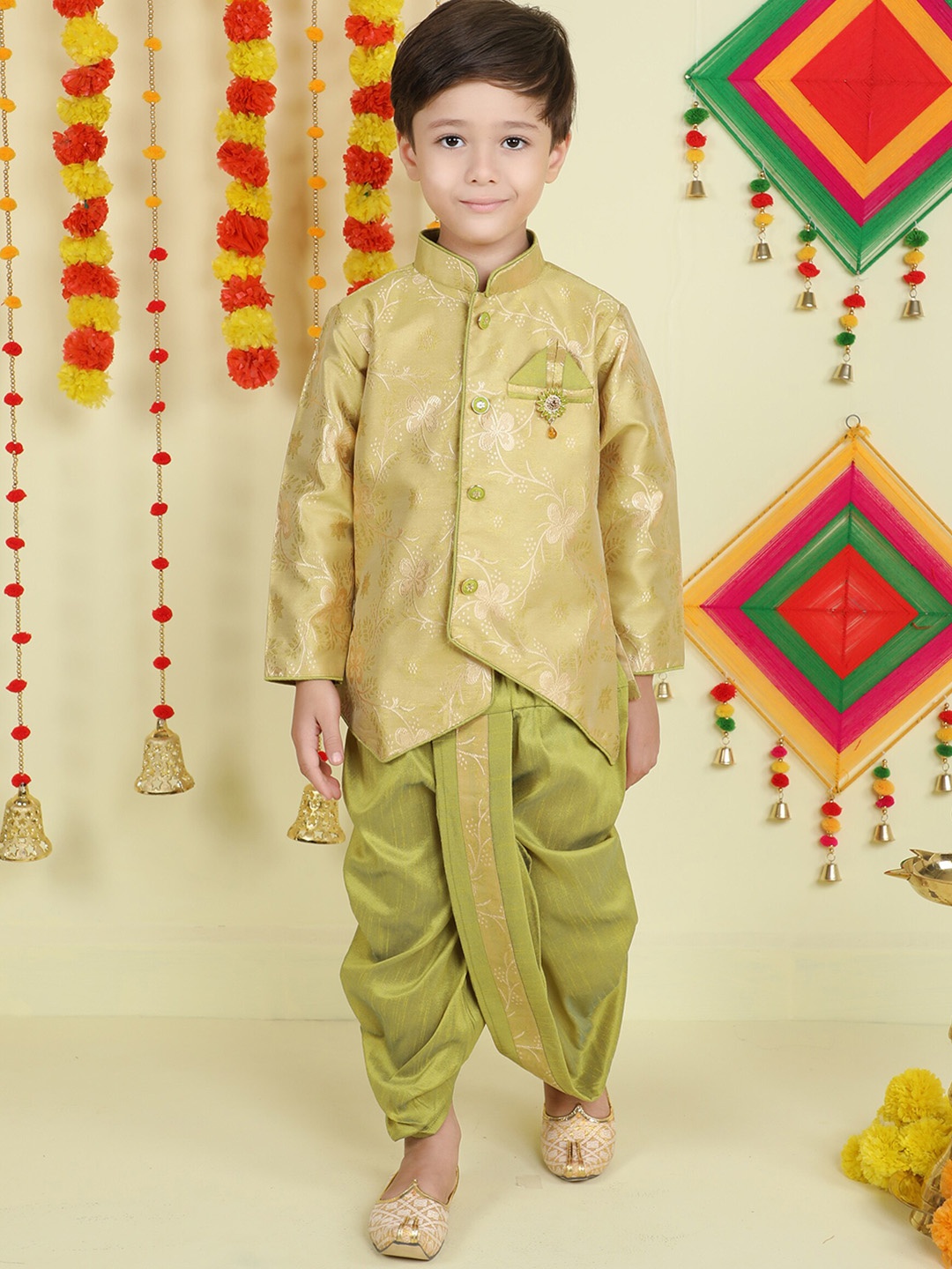 

Jeetethnics Boys Mandarin Collar Geometeric Woven Design Kurta with Dhoti Pants, Beige