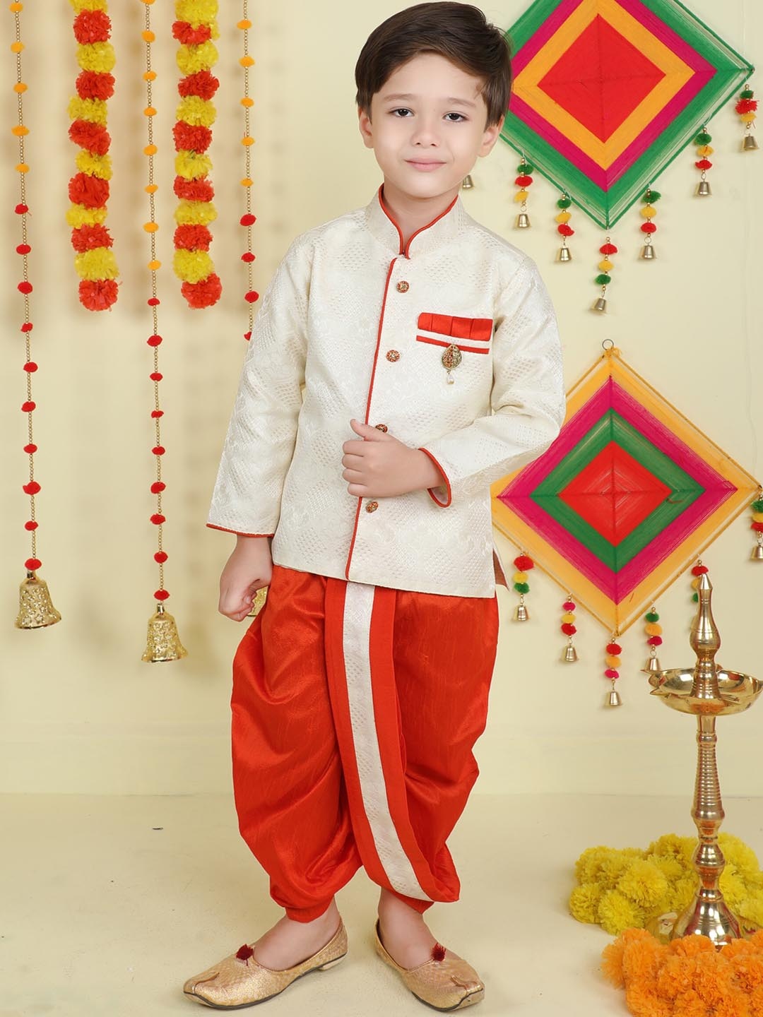 

Jeetethnics Boys Mandarin Collar Geometeric Woven Design Kurta with Dhoti Pants, White