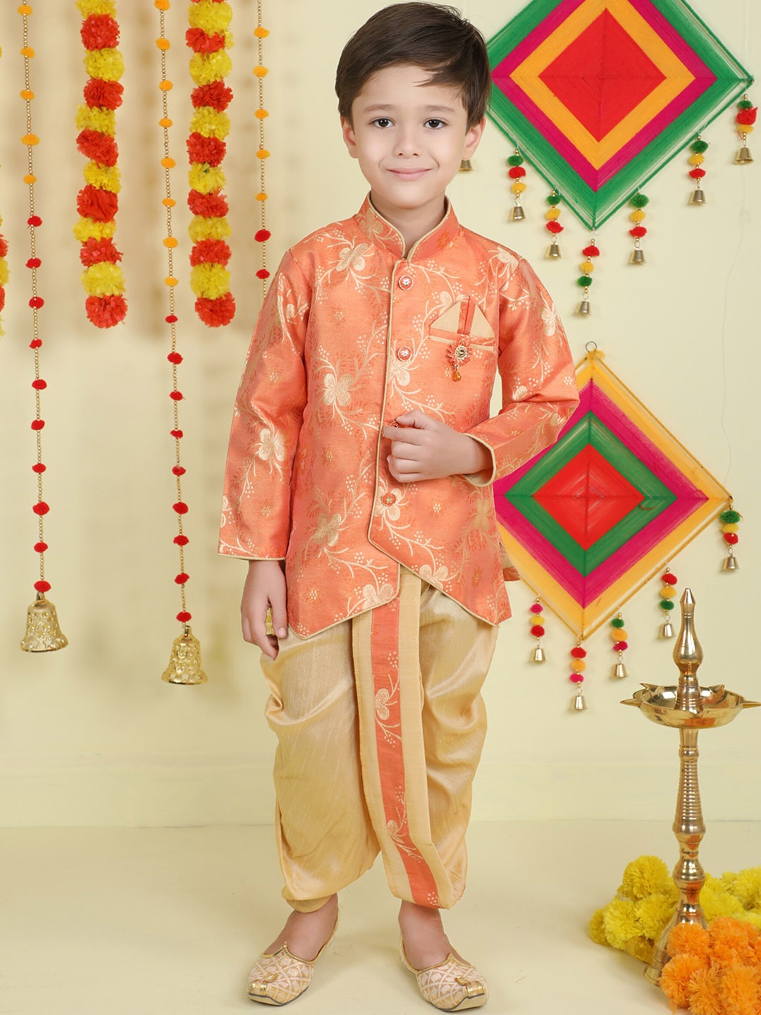 

Jeetethnics Boys Mandarin Collar Woven Design Zari Kurta with Dhoti Pants, Orange