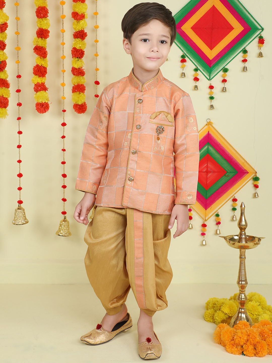 

Jeetethnics Boys Mandarin Collar Geometeric Woven Design Kurta with Dhoti Pants, Peach