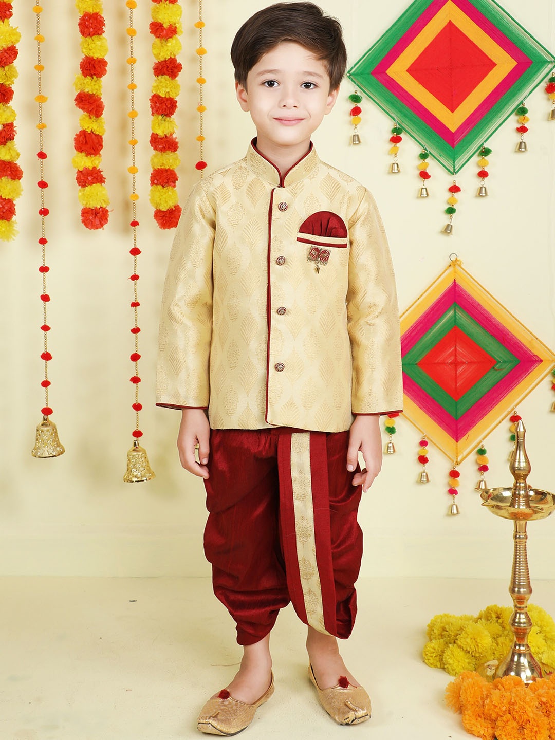 

Jeetethnics Boys Mandarin Collar Floral Woven Design Kurta with Dhoti Pants, Gold