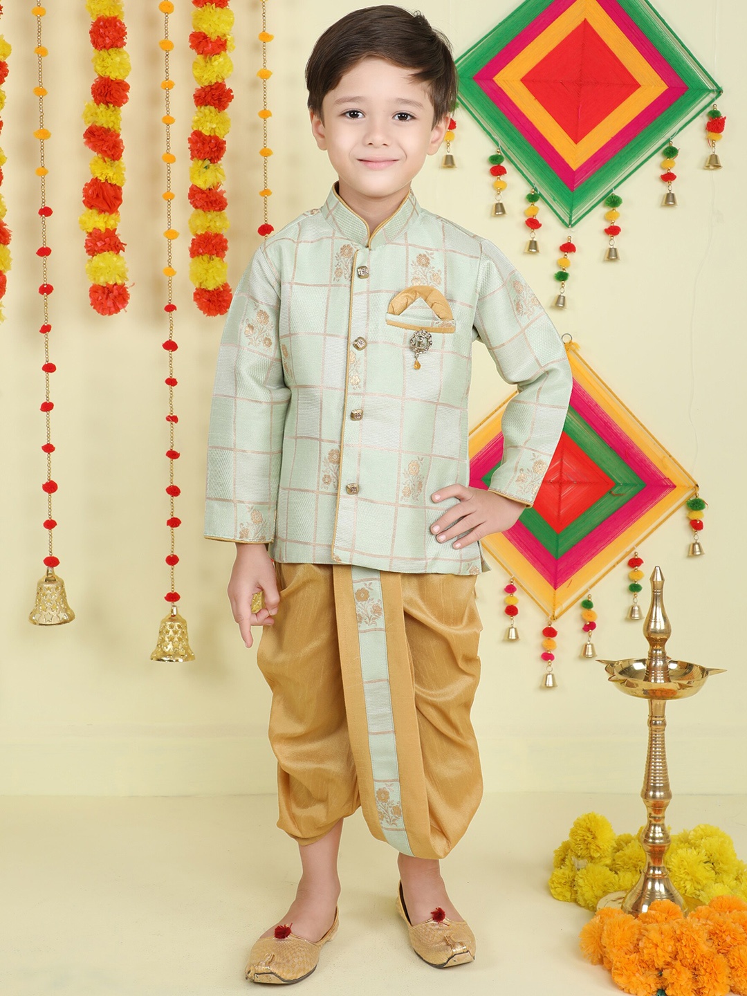 

Jeetethnics Boys Mandarin Collar Floral Woven Design Kurta with Dhoti Pants, Green